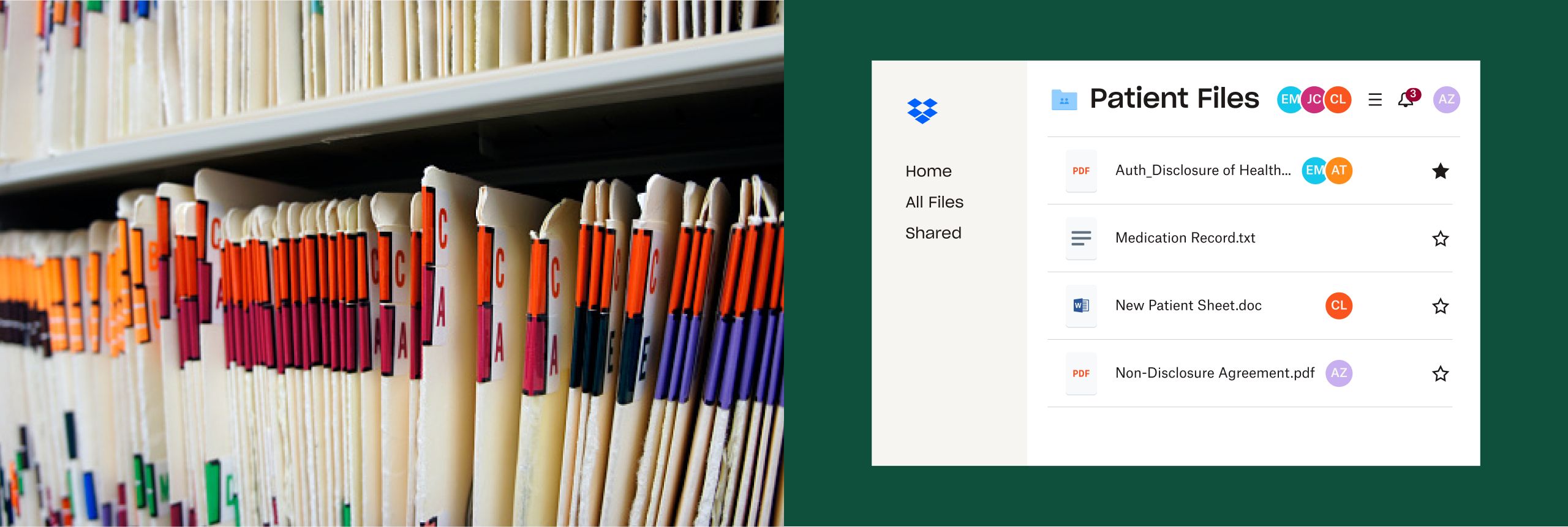 Split-pane image. Close-up photo of a shelf of alphabetized medical records on the left, product shot on the right.