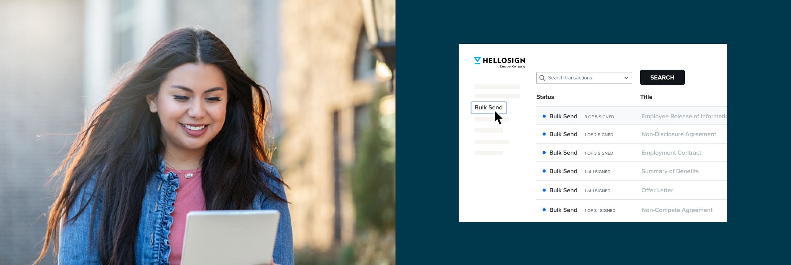 Split-pane image. Photo of a smiling woman, walking along a city street, and looking at a notepad on the left, product shot on the right.