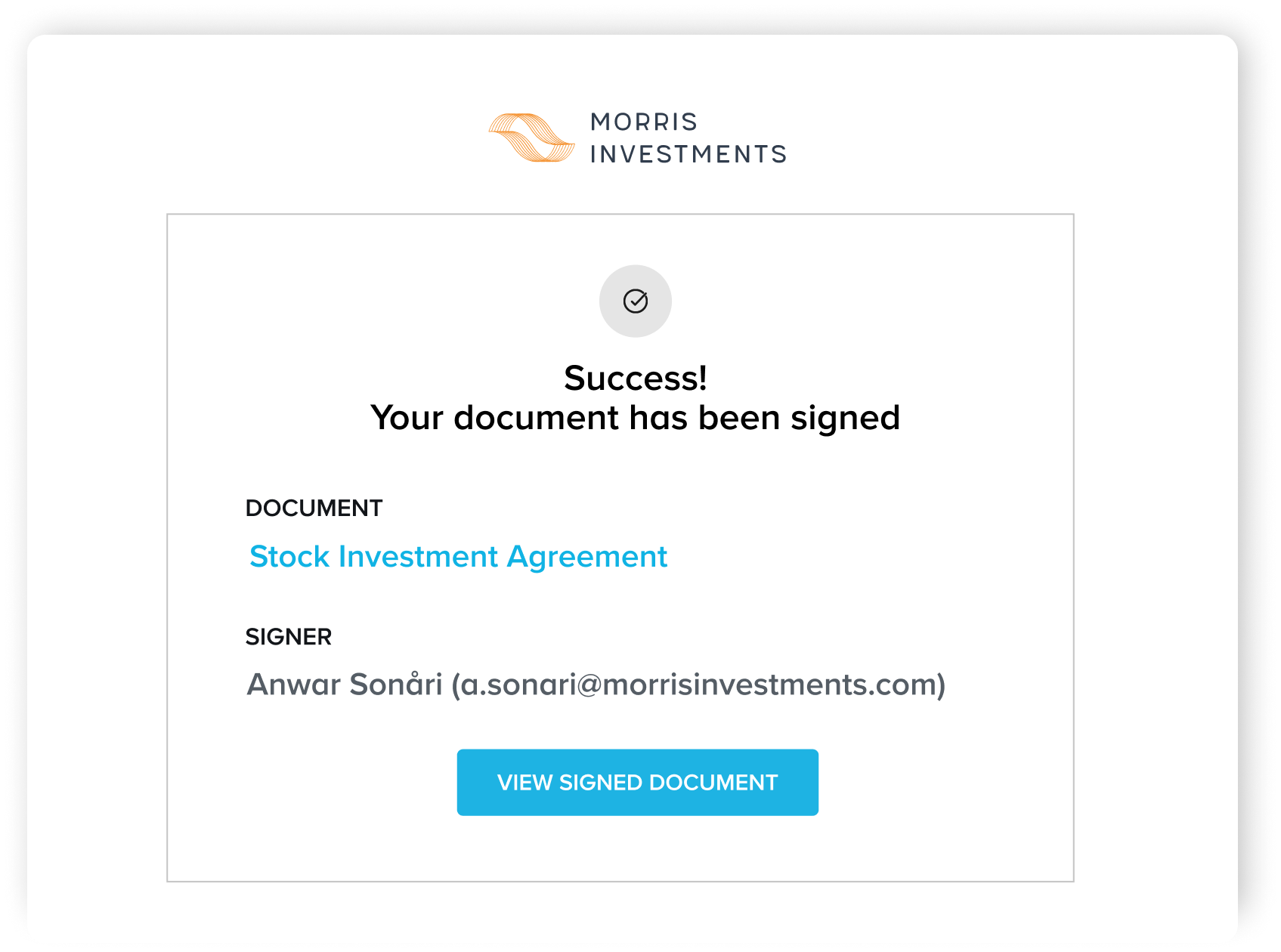 HelloSign document signed success message screenshot