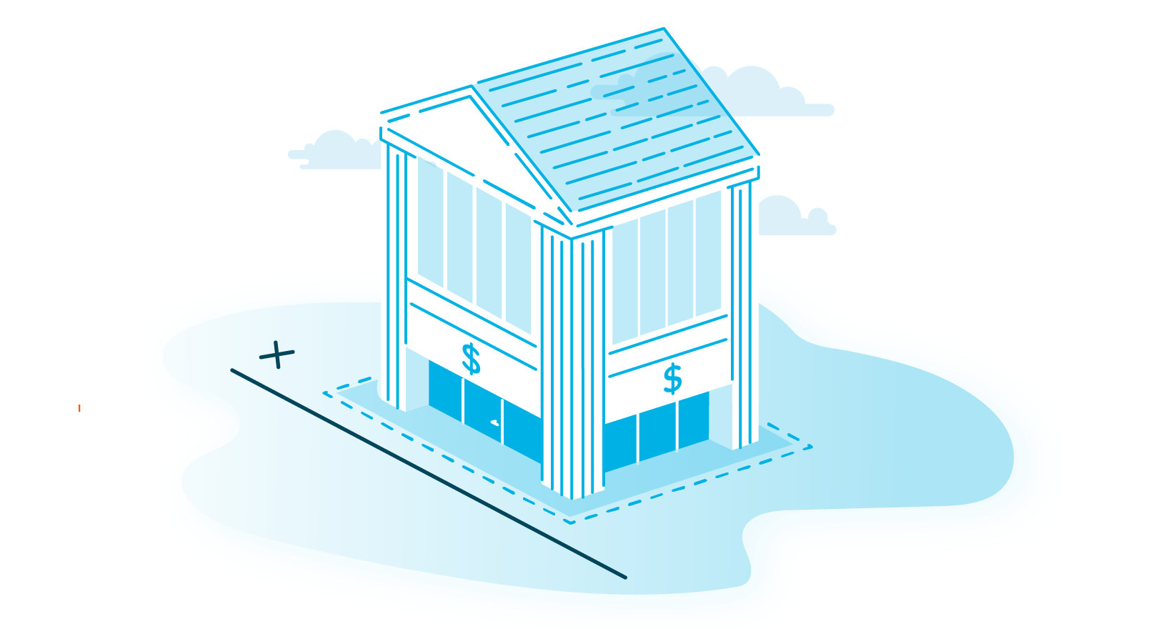 A bank in front of a blue blob illustration