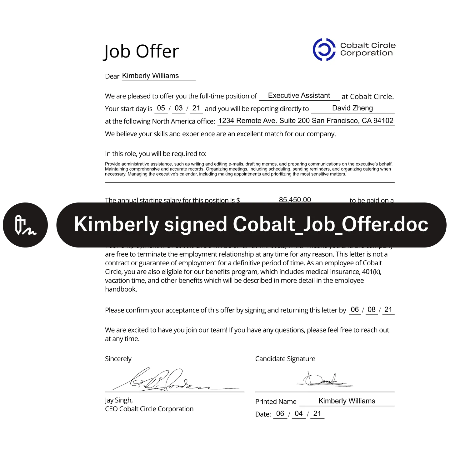 A product visual showing the first page of a job offer with a label stating “Kimberly signed Cobalt_Job_Offer.doc”