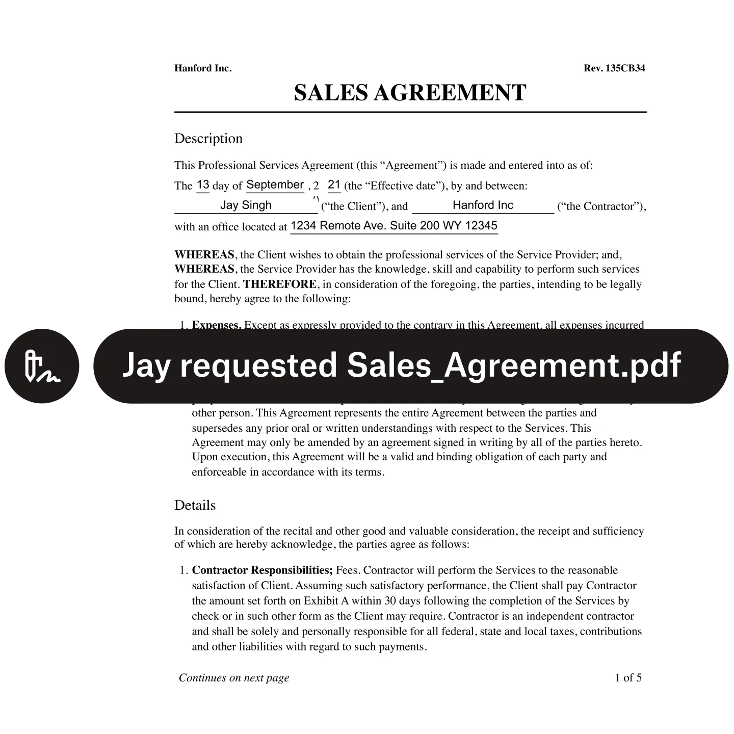 A product visual showing the first page of a sales agreement with a label stating “Jay requested Sales_Agreement.pdf”