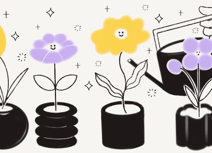 illustration of a watering can watering flowers that have smiley faces on them